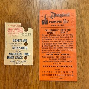 Vintage Disneyland Parking Ticket and attraction ticket. 1960’s